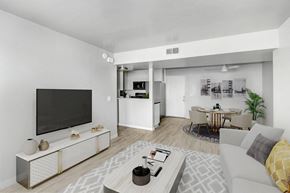 Van Nuys apartment for rent - A modern living room with a television, a white sofa, and a coffee table.