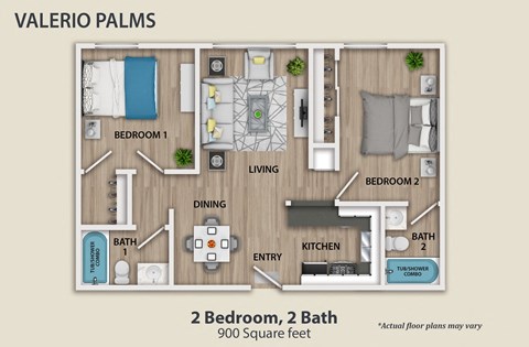 Floor plan for 2 beds, 2 baths, 900 sqft