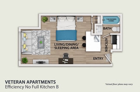 Floor plan for studio, 1 bath, 390 sqft