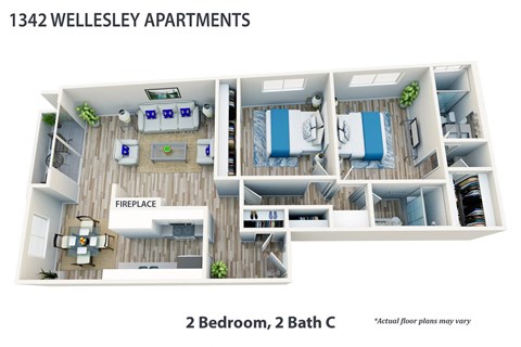 Floor plan for 2 beds, 2 baths, 987 sqft