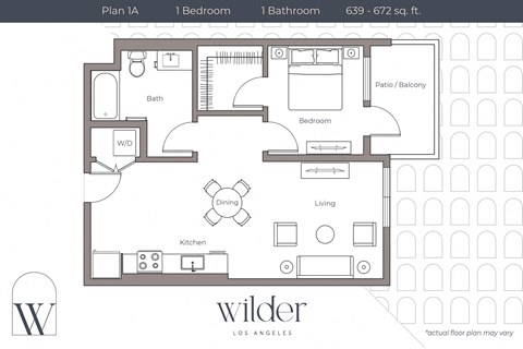 Floor plan for 1 bed, 1 bath, 663 sqft