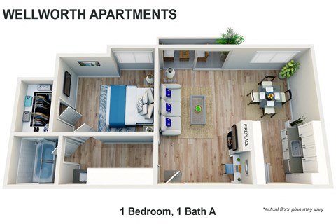 Floor plan for 1 bed, 1 bath, 680 sqft