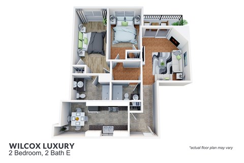 Floor plan for 2 beds, 2 baths, 937 sqft