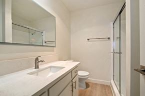 Los Angeles apartment for rent - A bathroom with a sink, toilet, and shower.