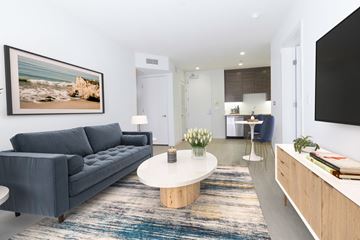 Santa Monica apartment for rent - A modern living room with a grey sofa, a coffee table, and a painting on the wall.