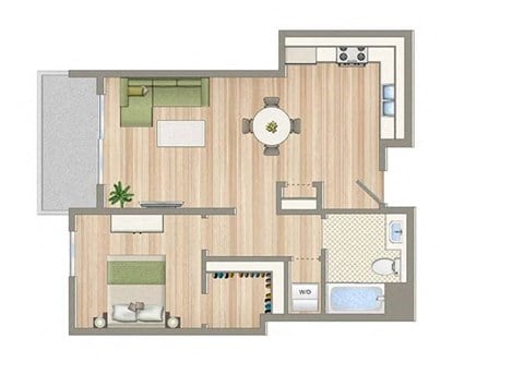 Floor plan for 1 bed, 1 bath, 688 sqft