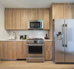 Los Angeles apartment for rent - a kitchen with stainless steel appliances and wooden cabinets