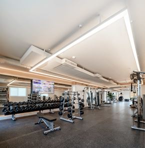 Inglewood apartment for rent - a gym with weights and a tv on the wall