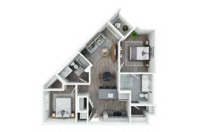 Floor plan for 2 beds, 2 baths, 842 sqft