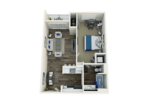 Floor plan for 1 bed, 1 bath, 627 sqft