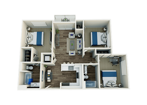 Floor plan for 3 beds, 2 baths, 1074 sqft