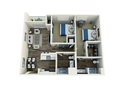 Floor plan for 2 beds, 2 baths, 1023 sqft