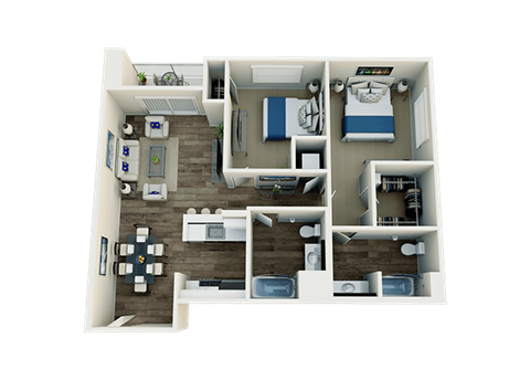 Floor plan for 2 beds, 2 baths, 943 sqft