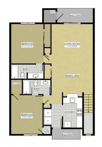 Floor plan for 2 beds, 2 baths, 1200 sqft