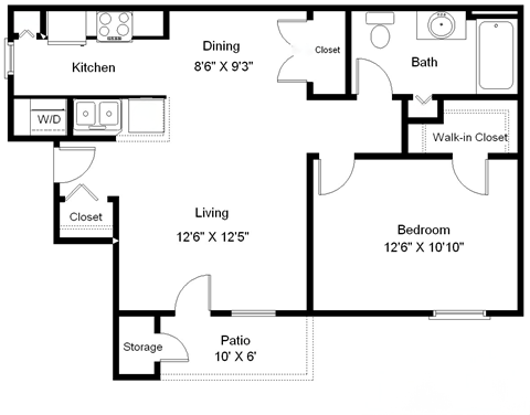 Floor plan for 1 bed, 1 bath, 795 sqft