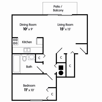 Floor plan for 1 bed, 1 bath