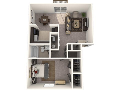 Floor plan for 1 bed, 1 bath, 750 sqft