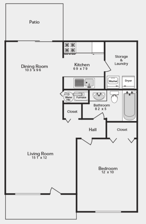 Floor plan for 1 bed, 1 bath, 600 sqft