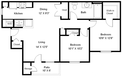 Floor plan for 2 beds, 1 bath, 992 sqft