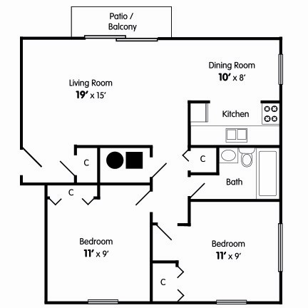 Floor plan for 2 beds, 1 bath