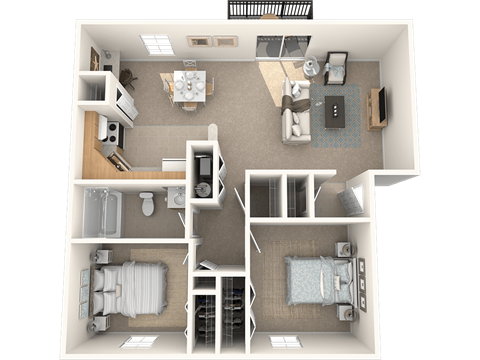 Floor plan for 2 beds, 1 bath, 932 sqft