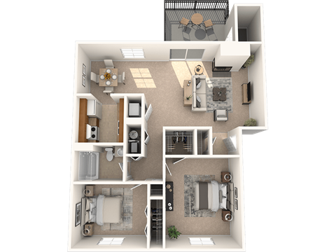 Floor plan for 2 beds, 1 bath, 905 sqft