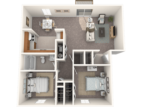 Floor plan for 2 beds, 1 bath, 930 sqft