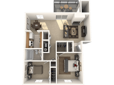 Floor plan for 2 beds, 1 bath, 905 sqft