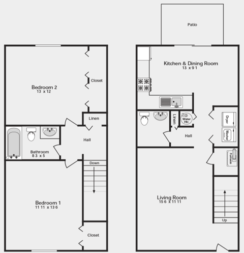 Floor plan for 2 beds, 1.5 baths, 900 sqft