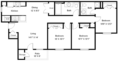 Floor plan for 3 beds, 2 baths, 1165 sqft
