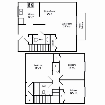 Floor plan for 3 beds, 1.5 baths
