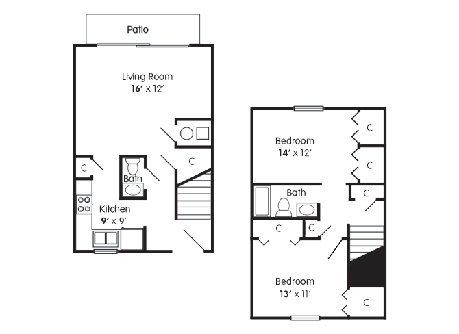 Floor plan for 2 beds, 1.5 baths, 920 sqft
