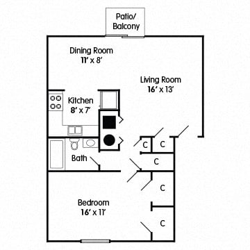 Floor plan for 1 bed, 1 bath, 800 sqft