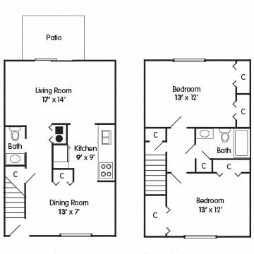 Floor plan for 2 beds, 1.5 baths, 1000 sqft