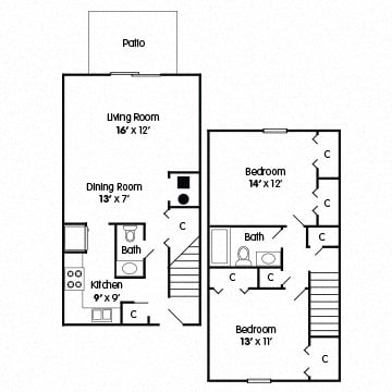 Floor plan for 2 beds, 1.5 baths, 1000 sqft