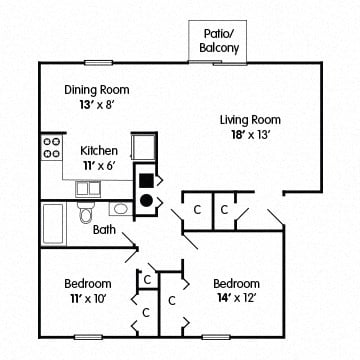 Floor plan for 2 beds, 1 bath, 900 sqft