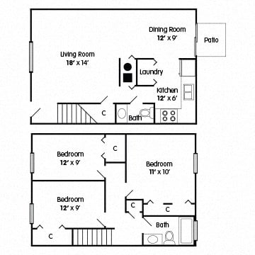 Floor plan for 3 beds, 1.5 baths, 1100 sqft