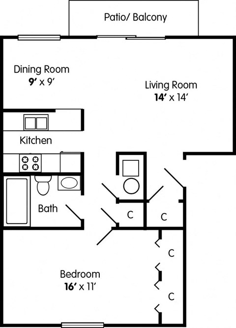 Floor plan for 1 bed, 1 bath, 576 sqft
