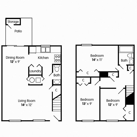 Floor plan for 3 beds, 1.5 baths, 1106 sqft