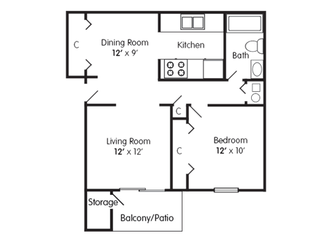 Floor plan for 1 bed, 1 bath, 615 sqft