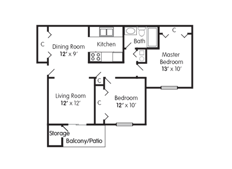 Floor plan for 2 beds, 1 bath, 775 sqft