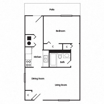 Floor plan for 1 bed, 1 bath, 600 sqft