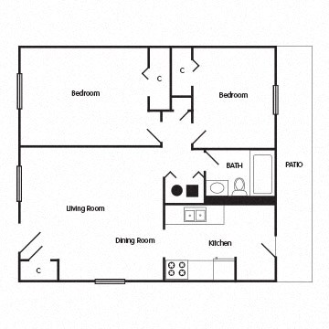 Floor plan for 2 beds, 1 bath, 728 sqft