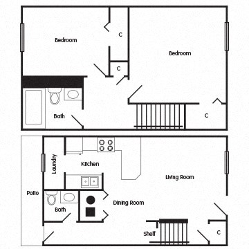 Floor plan for 2 beds, 1.5 baths, 839 sqft