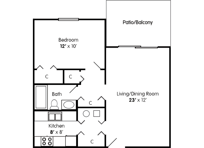 Floor plan for 1 bed, 1 bath, 690 sqft