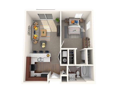 Floor plan for 1 bed, 1 bath, 589 sqft