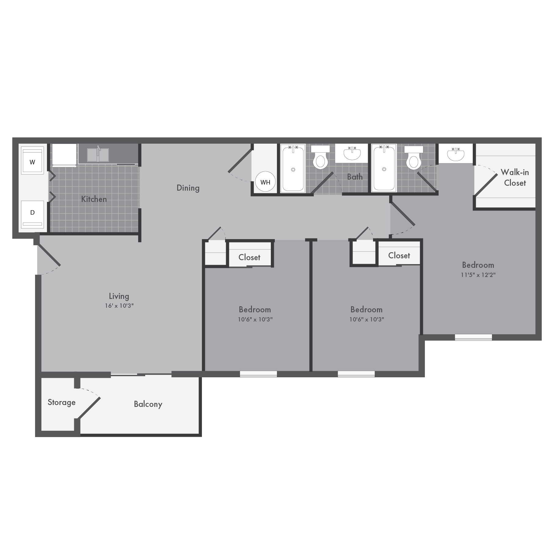 Floor plan for 3 beds, 2 baths, 1128 sqft