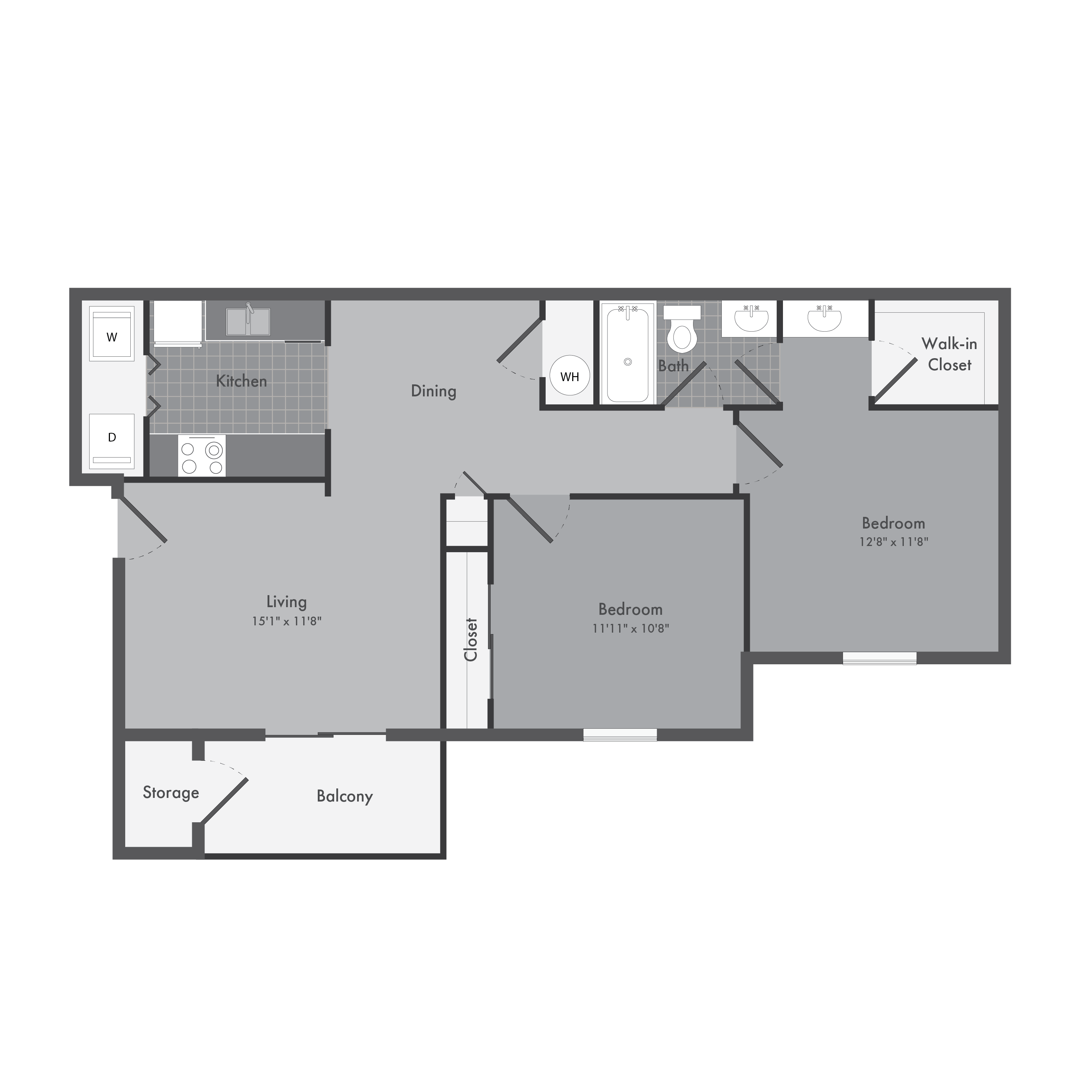 Floor plan for 2 beds, 1 bath, 886 sqft