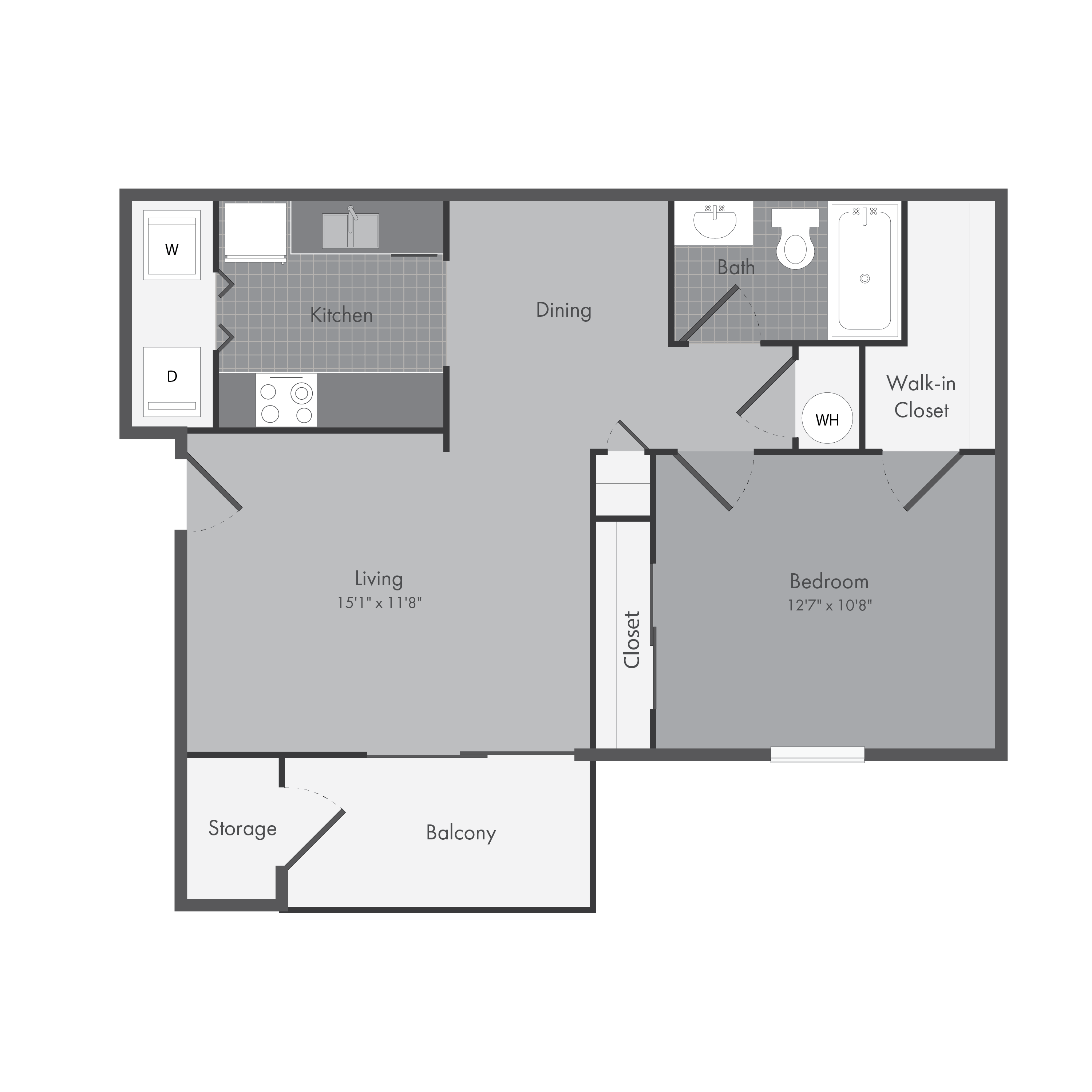 Floor plan for 1 bed, 1 bath, 670 sqft