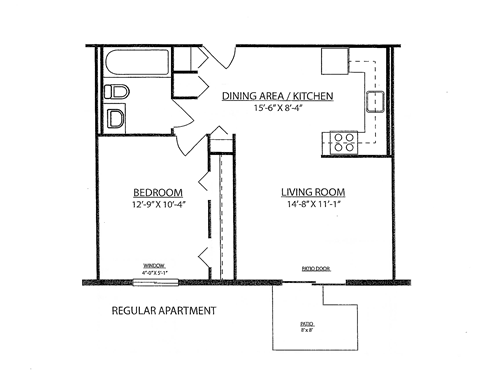 Floor plan for 1 bed, 1 bath, 570 sqft